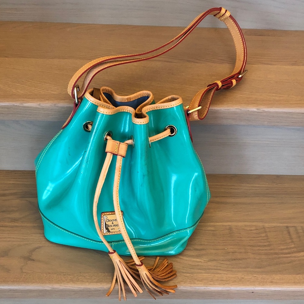 Dooney & Bourke Teal Patent Leather Drawstring Bucket Bag with Tan Trim - Picture 6 of 16